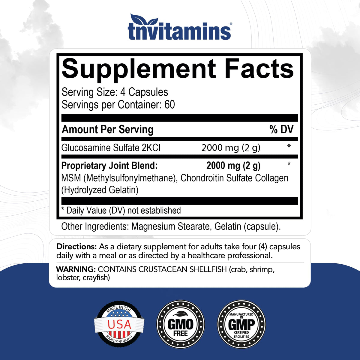 Glucosamine Chondroitin MSM 240 Capsules 4,000 mg Joint Support Supplement F976399