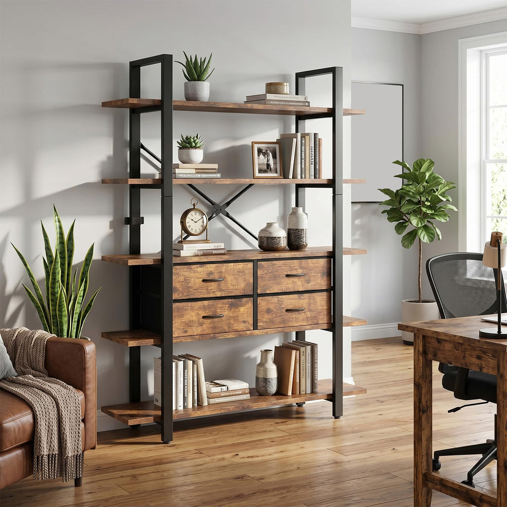 5-Tier Wood and Metal Bookshelf with 4 Fabric Drawers H44283