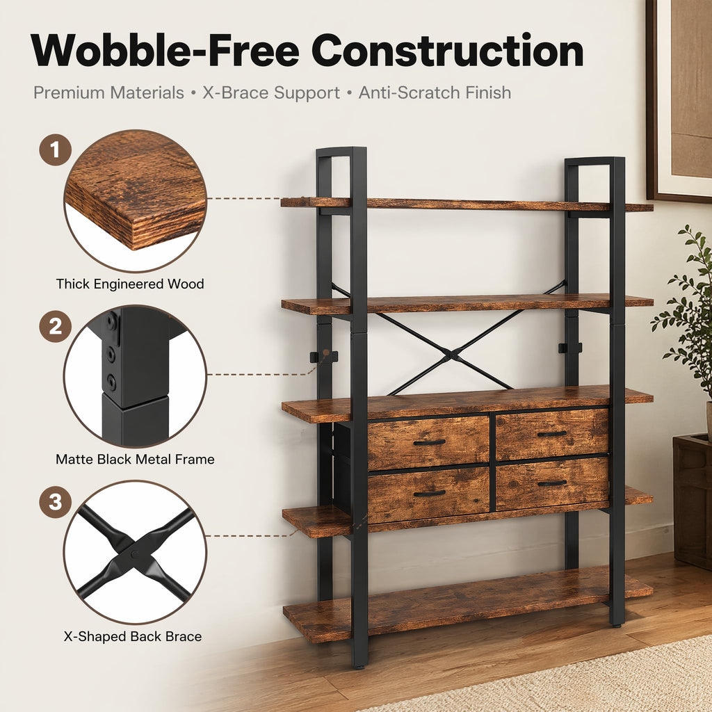 5-Tier Wood and Metal Bookshelf with 4 Fabric Drawers H44283