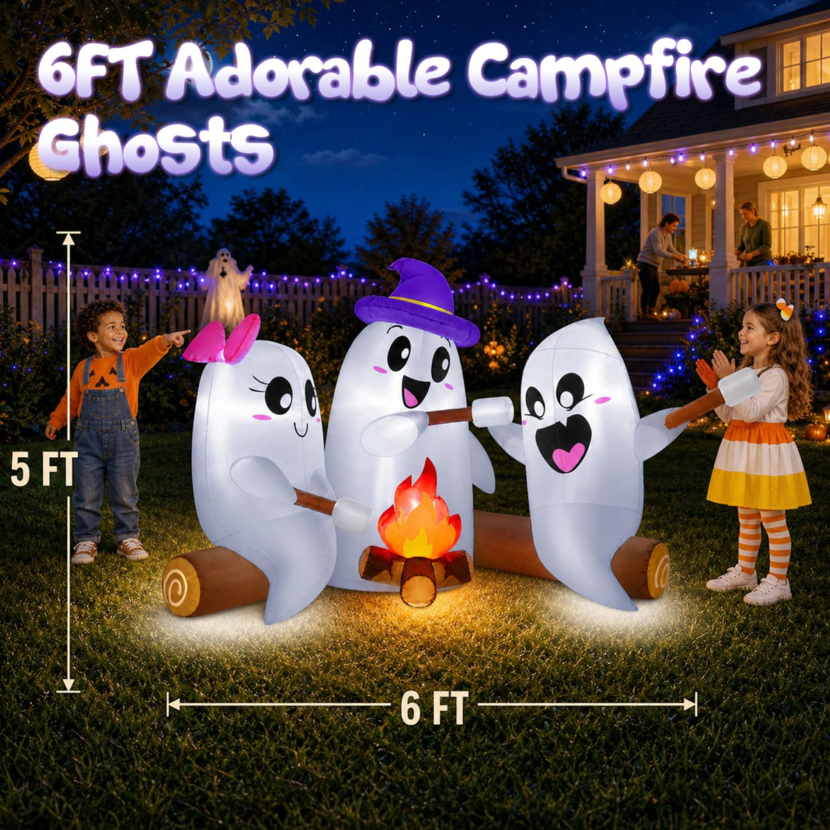6FT Halloween Inflatables Outdoor Campfire Ghosts with Built-in LEDs T569