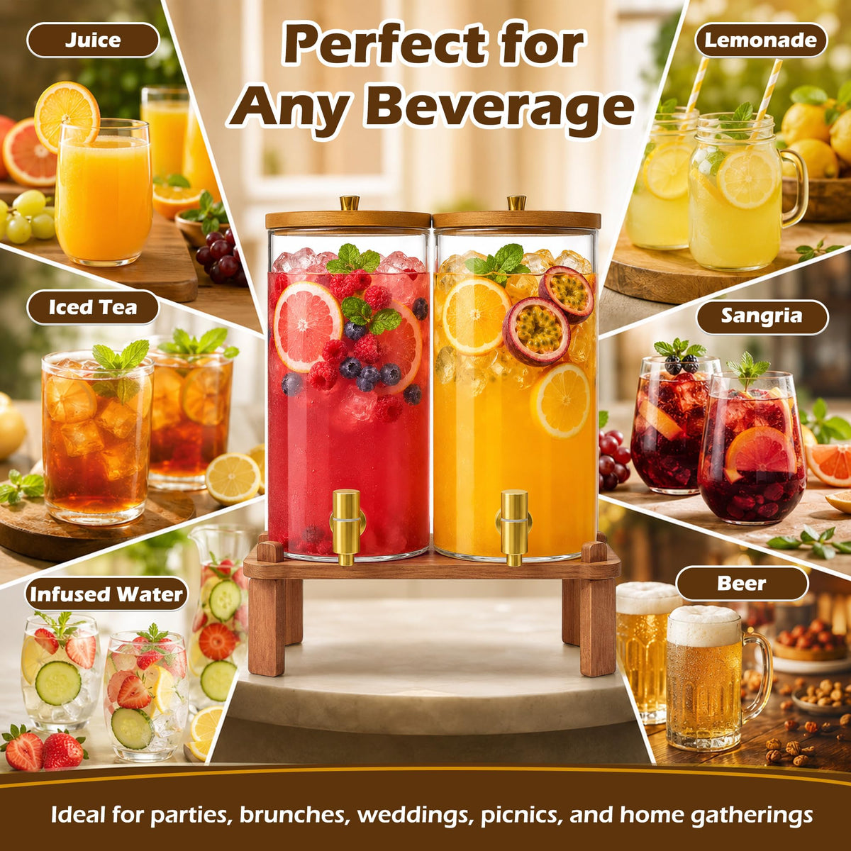 2PCS 1.5 Gallon Glass Beverage Dispenser with Wood Stand G9550