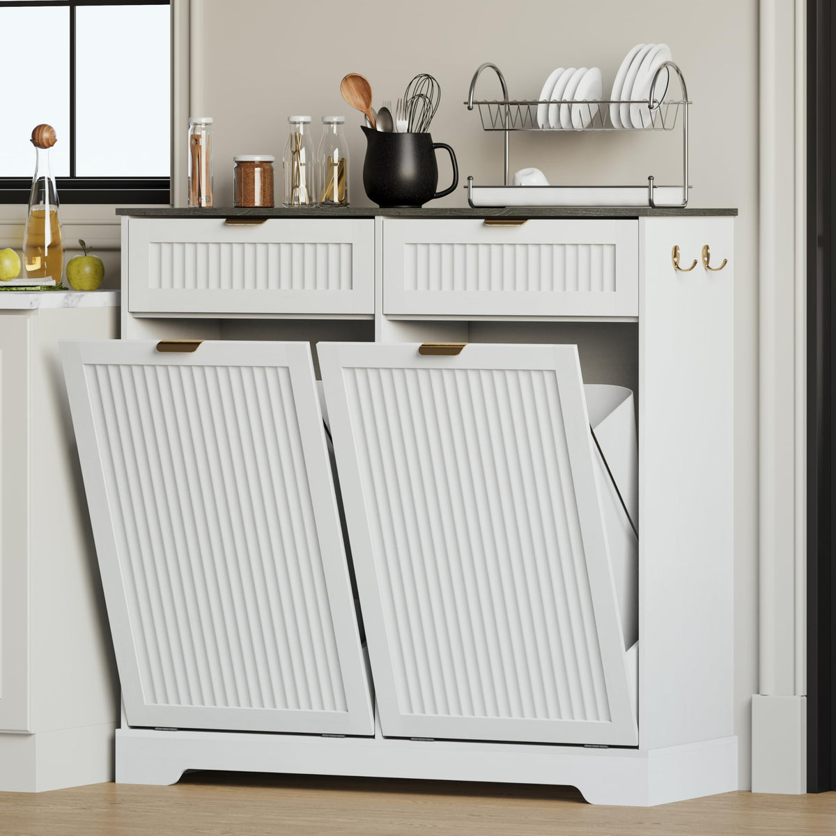 White Double Tilt Out Trash Can Cabinet I6409