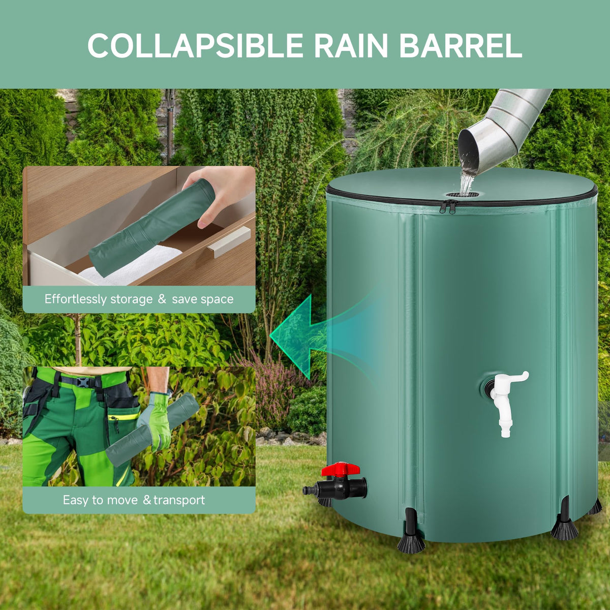 Collapsible 53 Gallon Rain Barrel with Spigots T678910