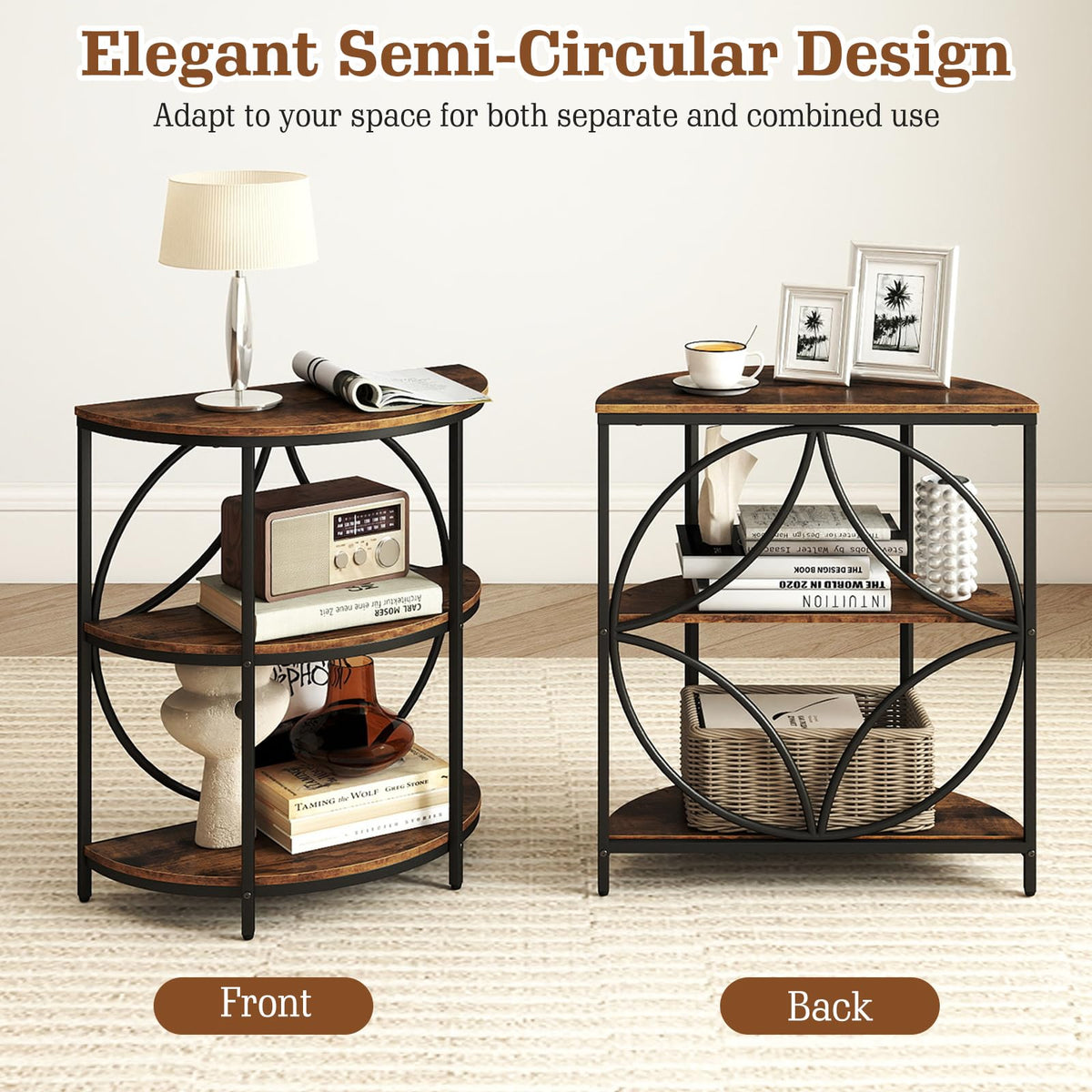 Half Round 3-Tier Sofa Side Table with Storage Shelves X893693