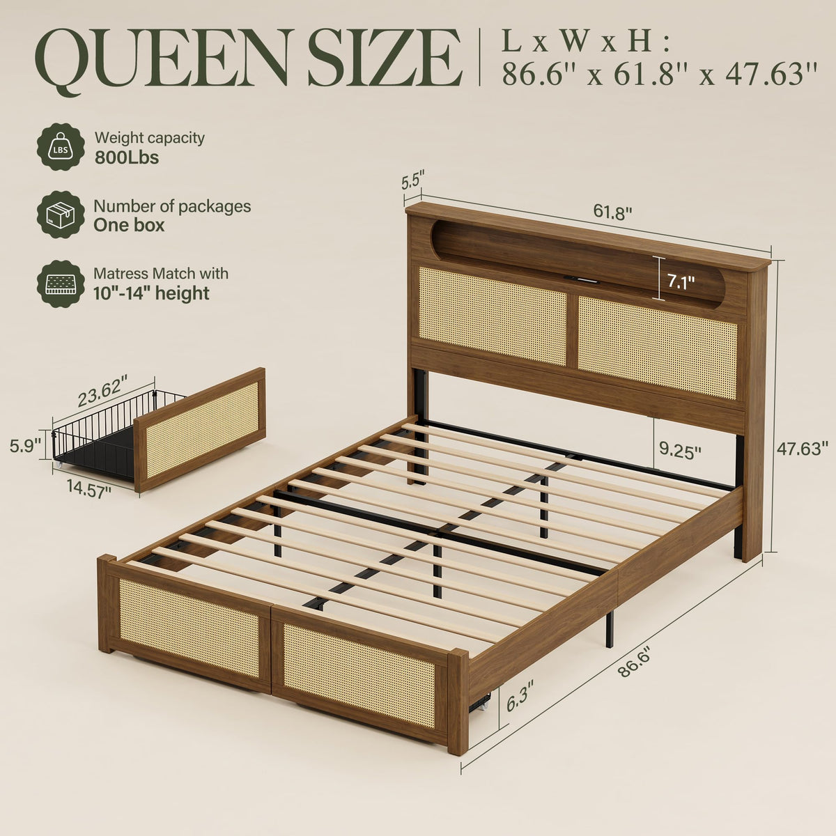 Queen Size Rattan Bed Frame with 2 Storage Drawers U124162