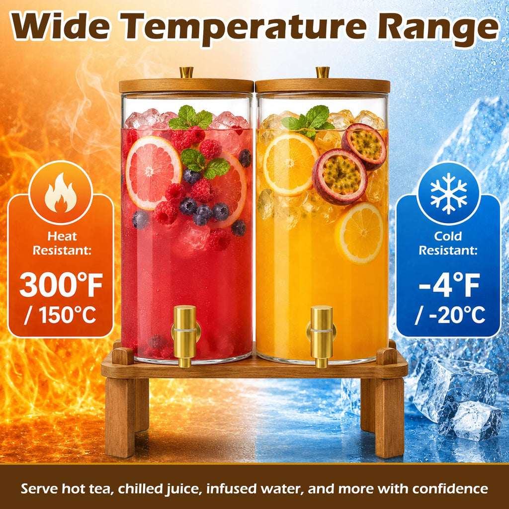 2PCS 1.5 Gallon Glass Beverage Dispenser with Wood Stand G9550