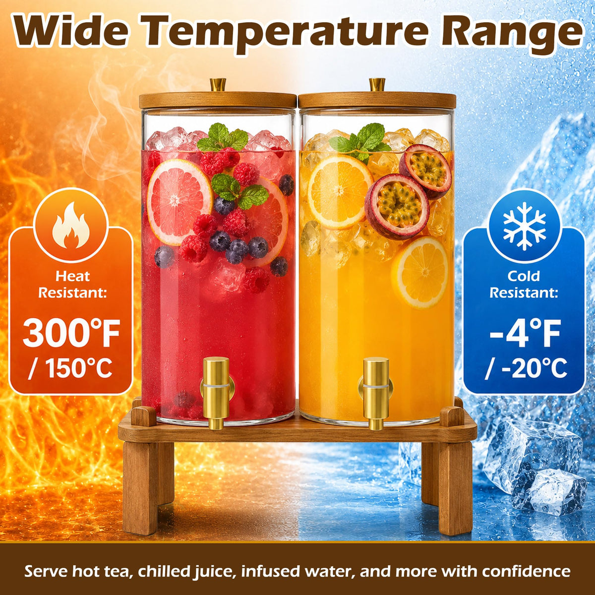 2PCS 1.5 Gallon Glass Beverage Dispenser with Wood Stand G9550