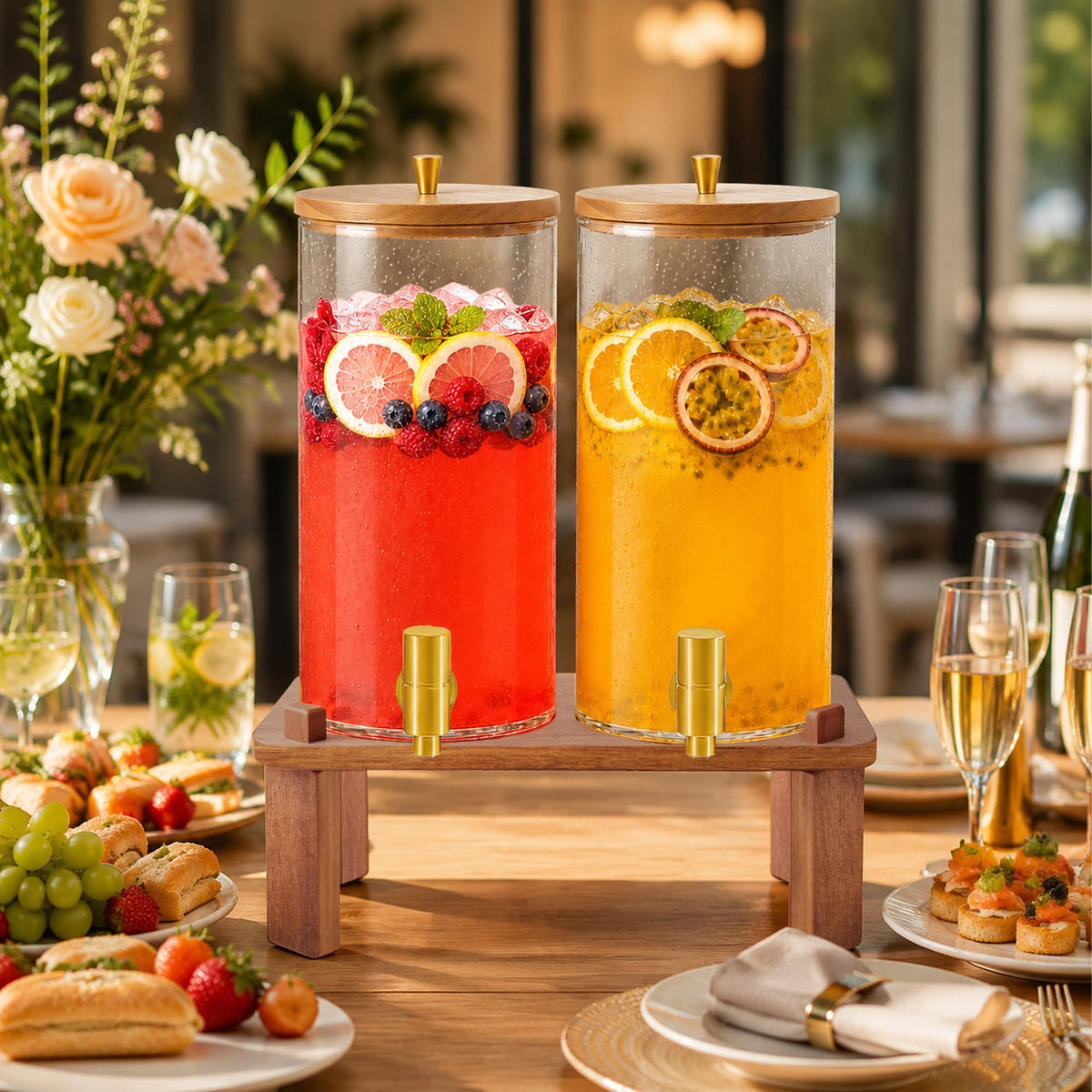 2PCS 1.5 Gallon Glass Beverage Dispenser with Wood Stand G9550