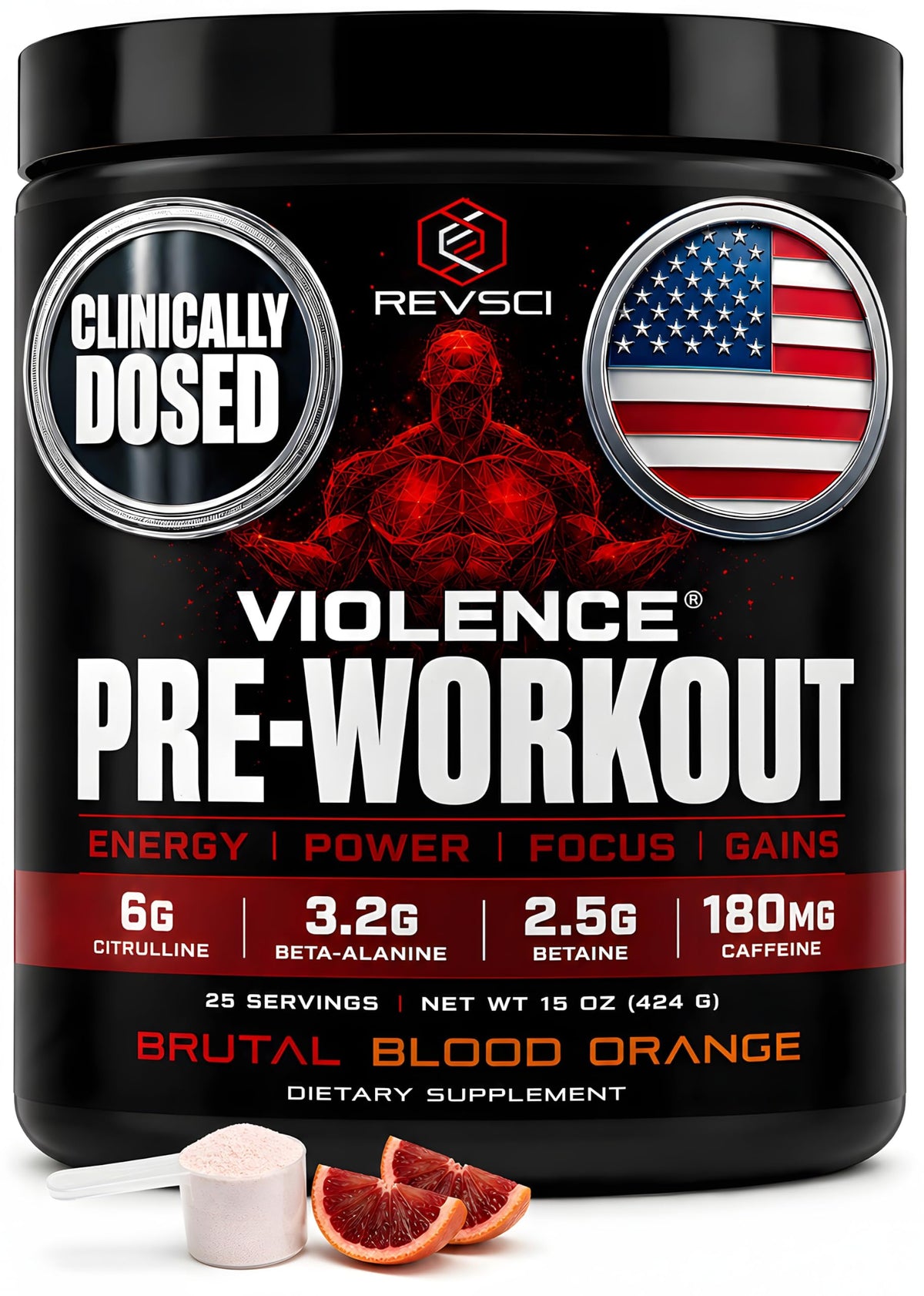 Pre Workout Powder 180 mg Caffeine L Theanine L Citrulline Malate Beta Alanine Alpha GPC 25 Servings Blood Orange L3287