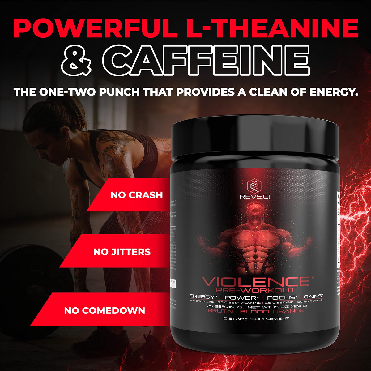Pre Workout Powder 180 mg Caffeine L Theanine L Citrulline Malate Beta Alanine Alpha GPC 25 Servings Blood Orange L3287