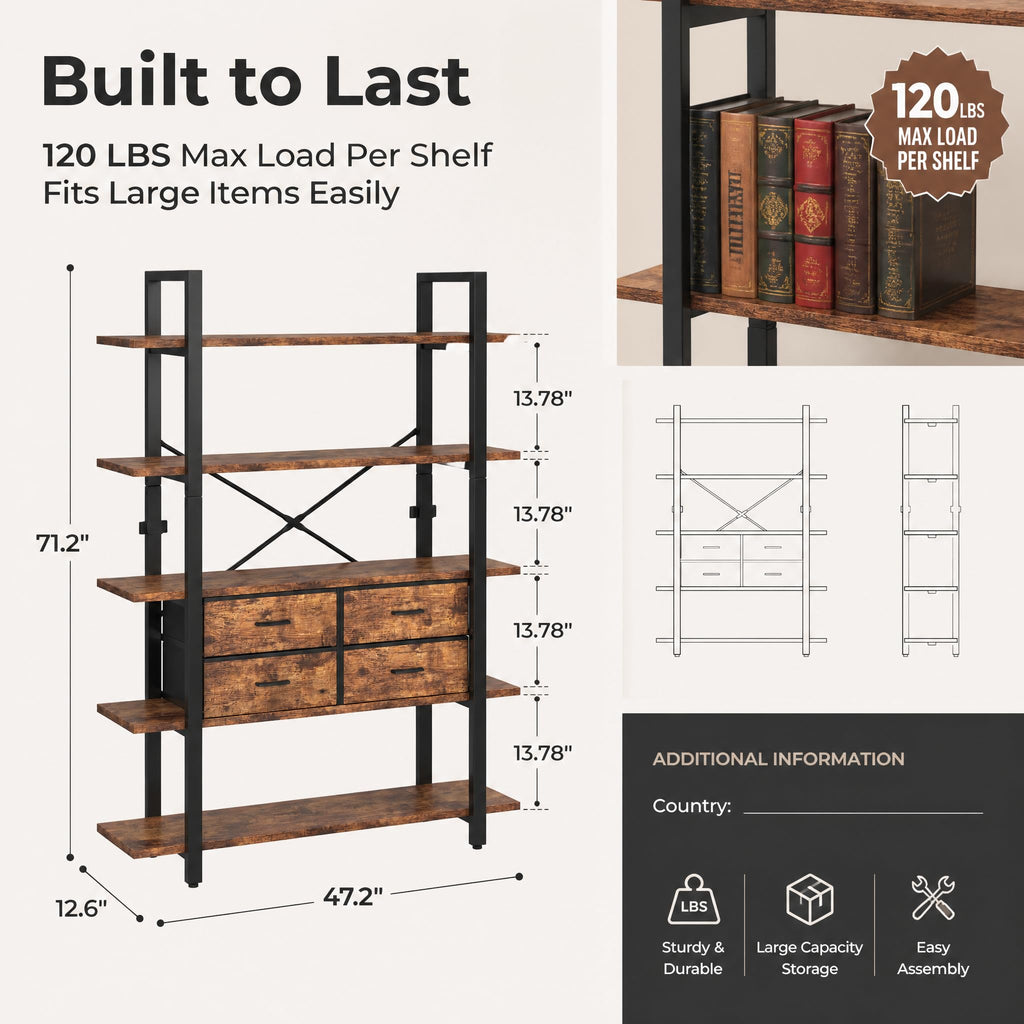 5-Tier Wood and Metal Bookshelf with 4 Fabric Drawers H44283
