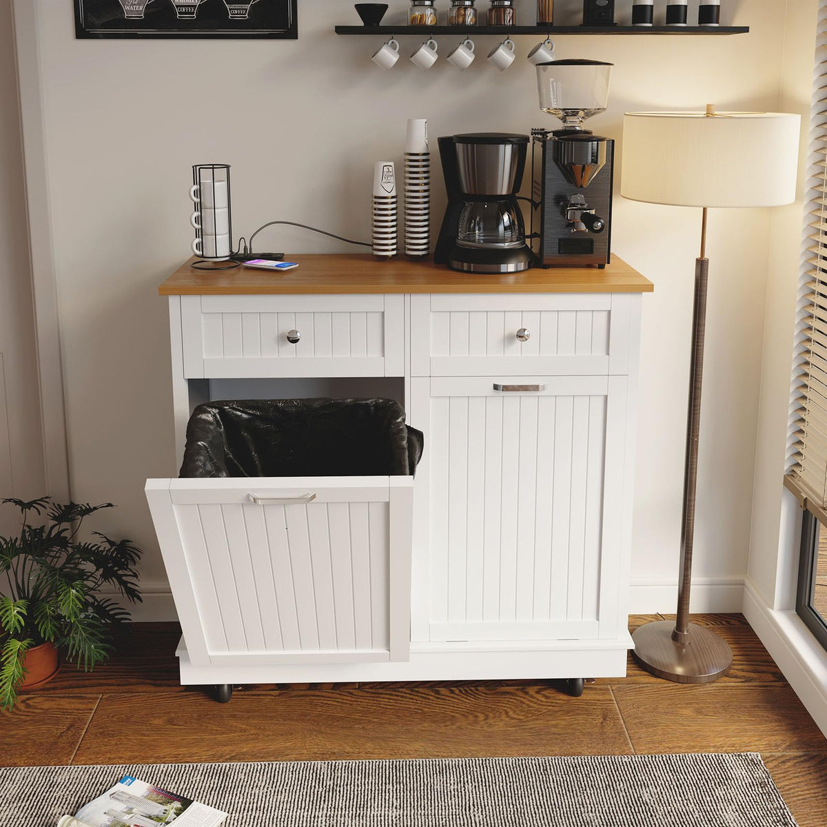 White 20 Gallon Tilt Out Trash Cabinet with Drawer A4101