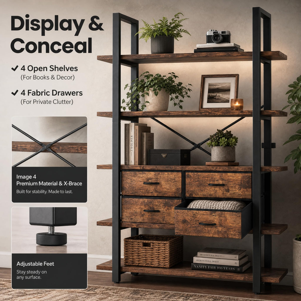 5-Tier Wood and Metal Bookshelf with 4 Fabric Drawers H44283