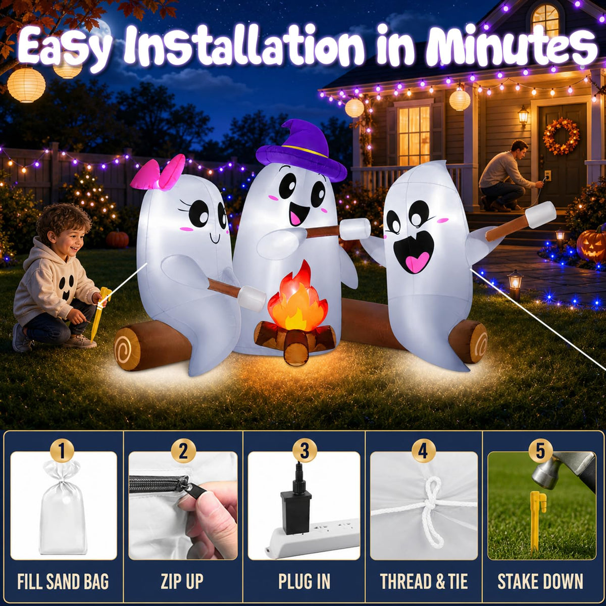 6FT Halloween Inflatables Outdoor Campfire Ghosts with Built-in LEDs T569