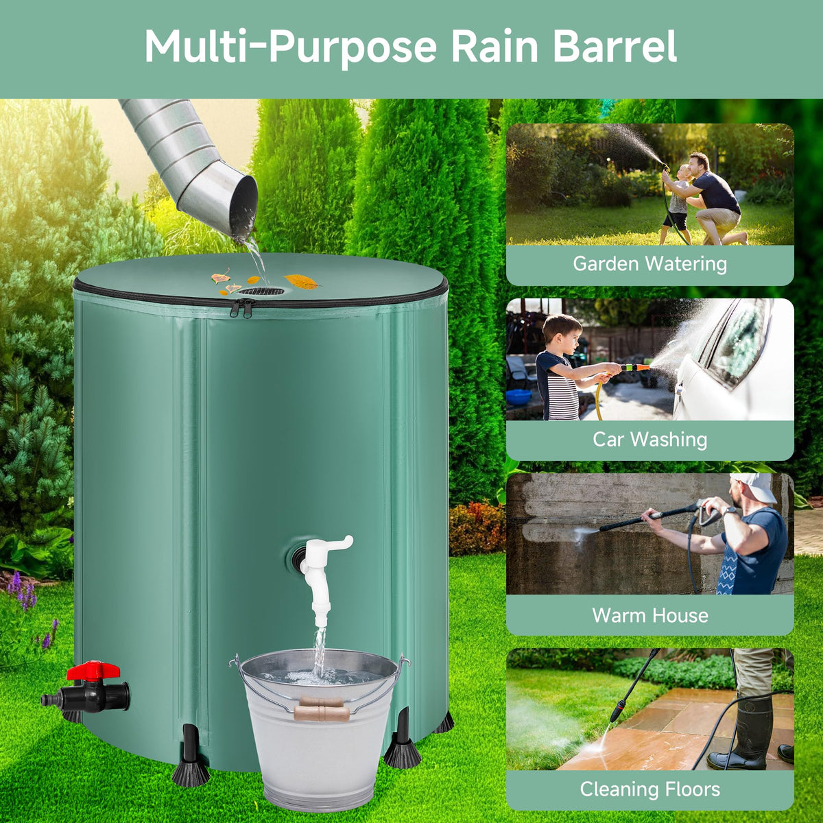 Collapsible 53 Gallon Rain Barrel with Spigots T678910
