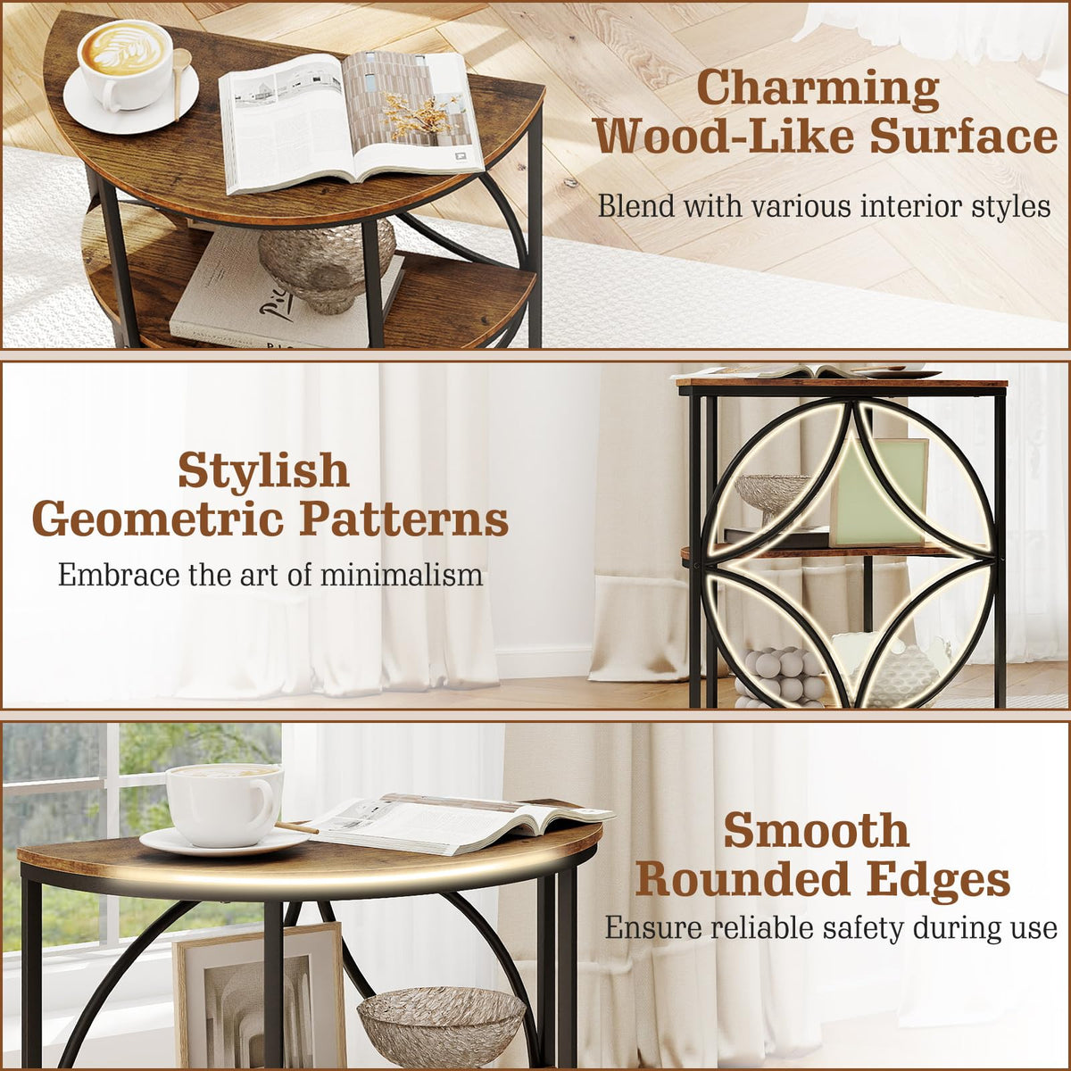 Half Round 3-Tier Sofa Side Table with Storage Shelves X893693