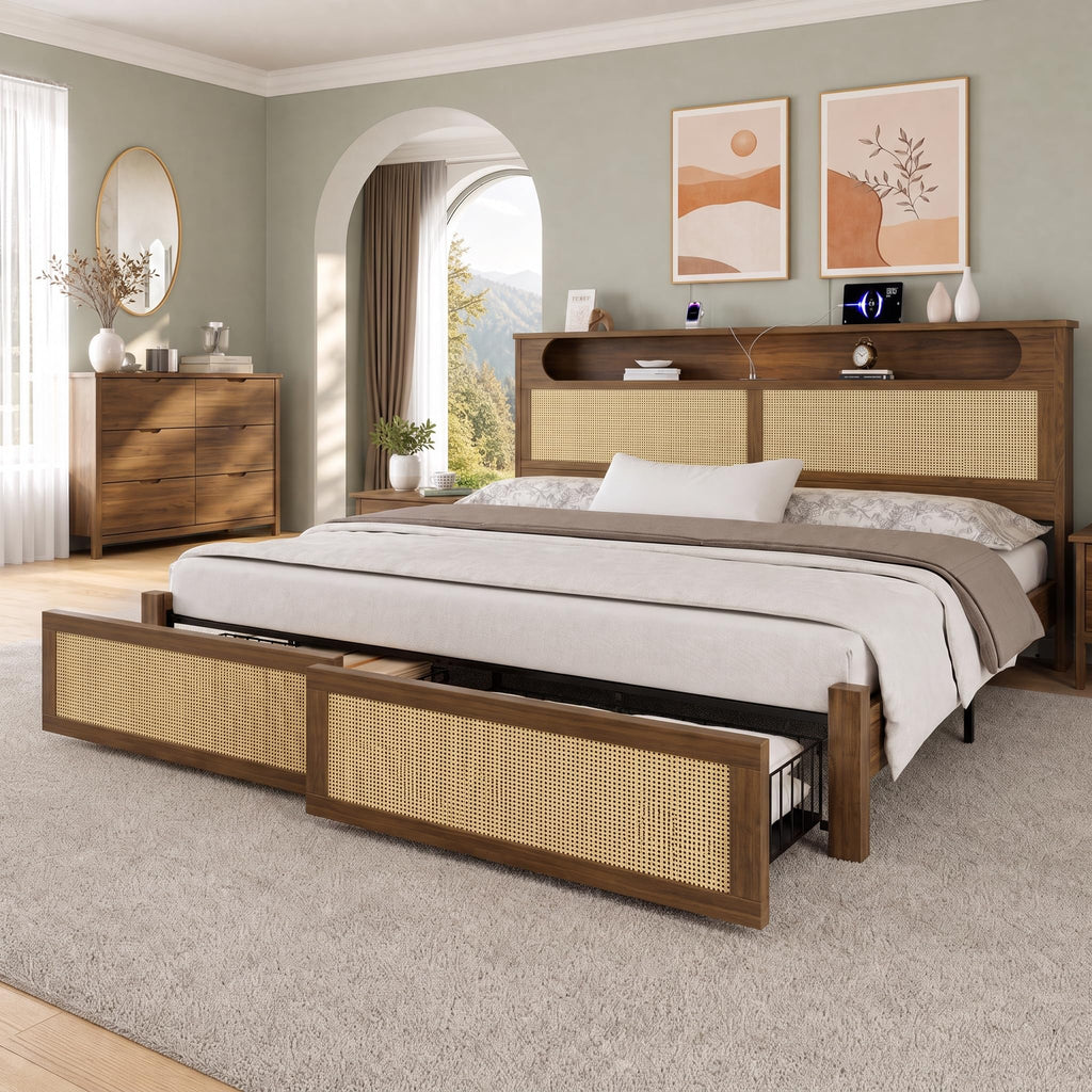 Queen Size Rattan Bed Frame with 2 Storage Drawers U124162