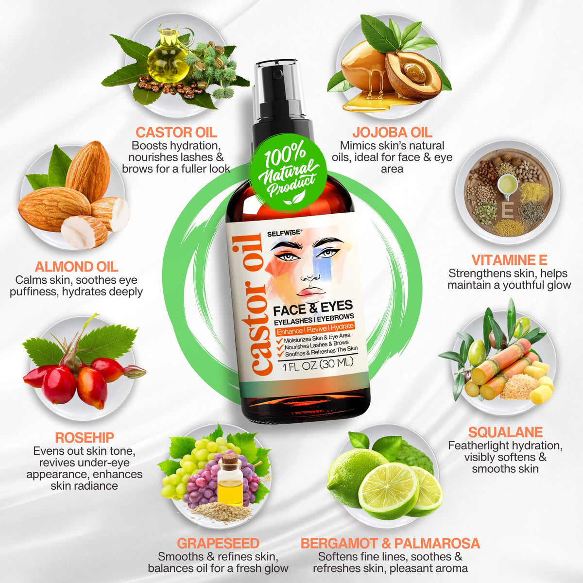 Organic Castor Oil with Jojoba Rosehip Grapeseed Squalane Vitamin E 1oz O966151