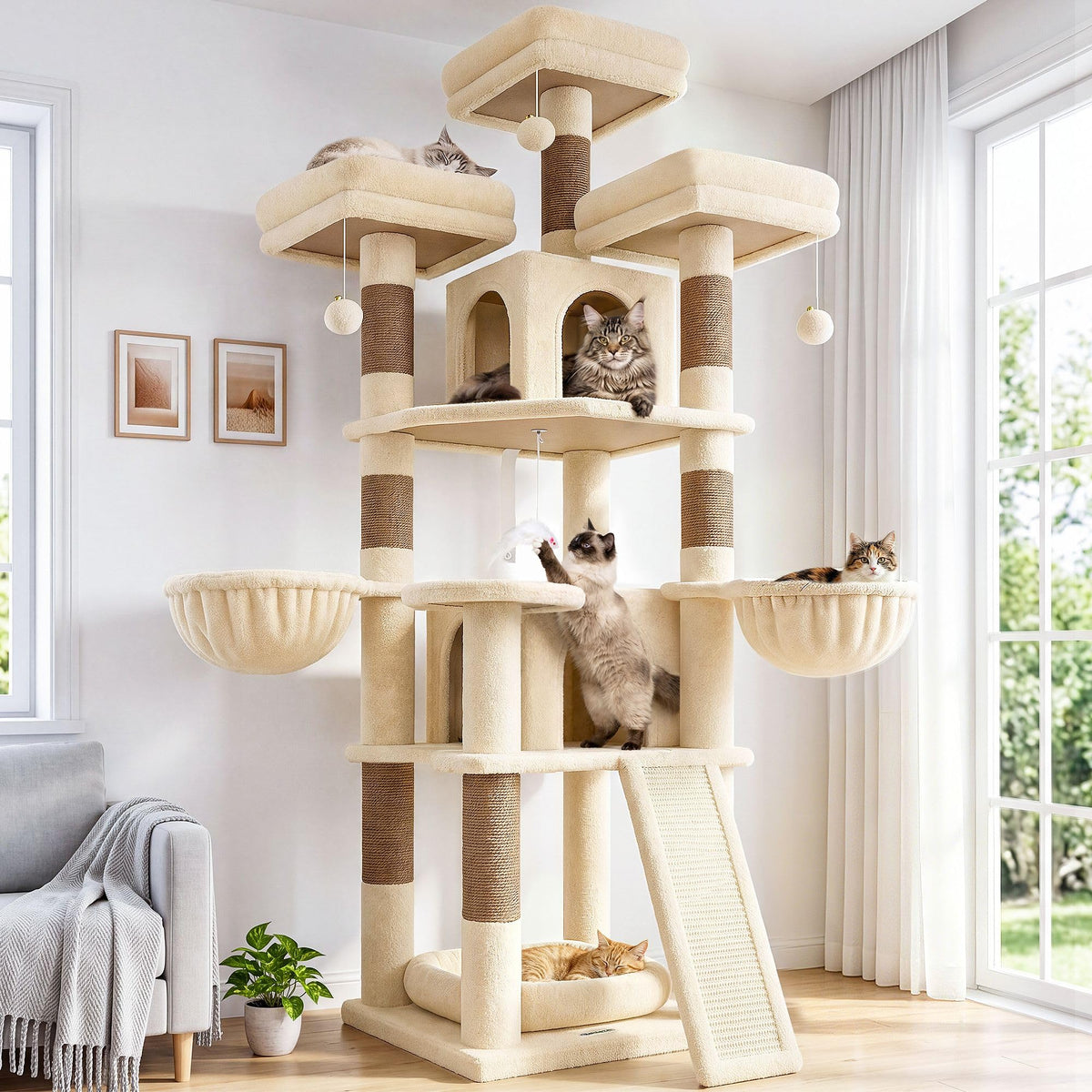70 Inch Beige Cat Tower with Scratching Post F2123