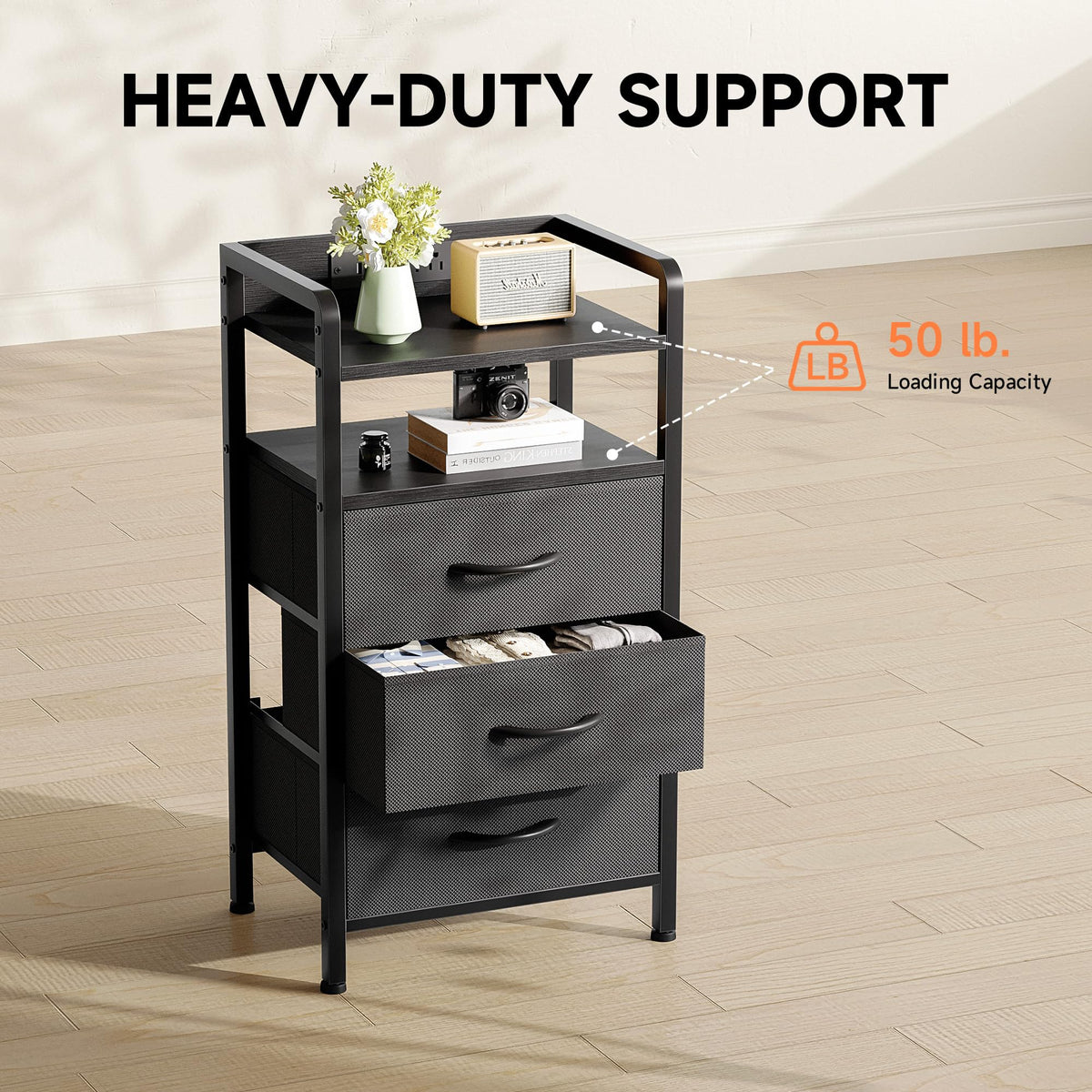 Black 3 Drawer Nightstand with Charging Station H48353