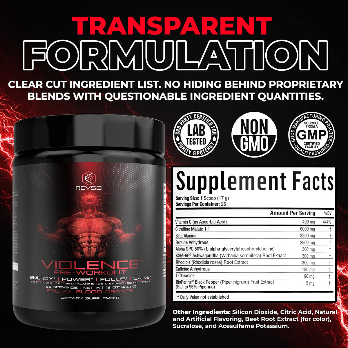Pre Workout Powder 180 mg Caffeine L Theanine L Citrulline Malate Beta Alanine Alpha GPC 25 Servings Blood Orange L3287