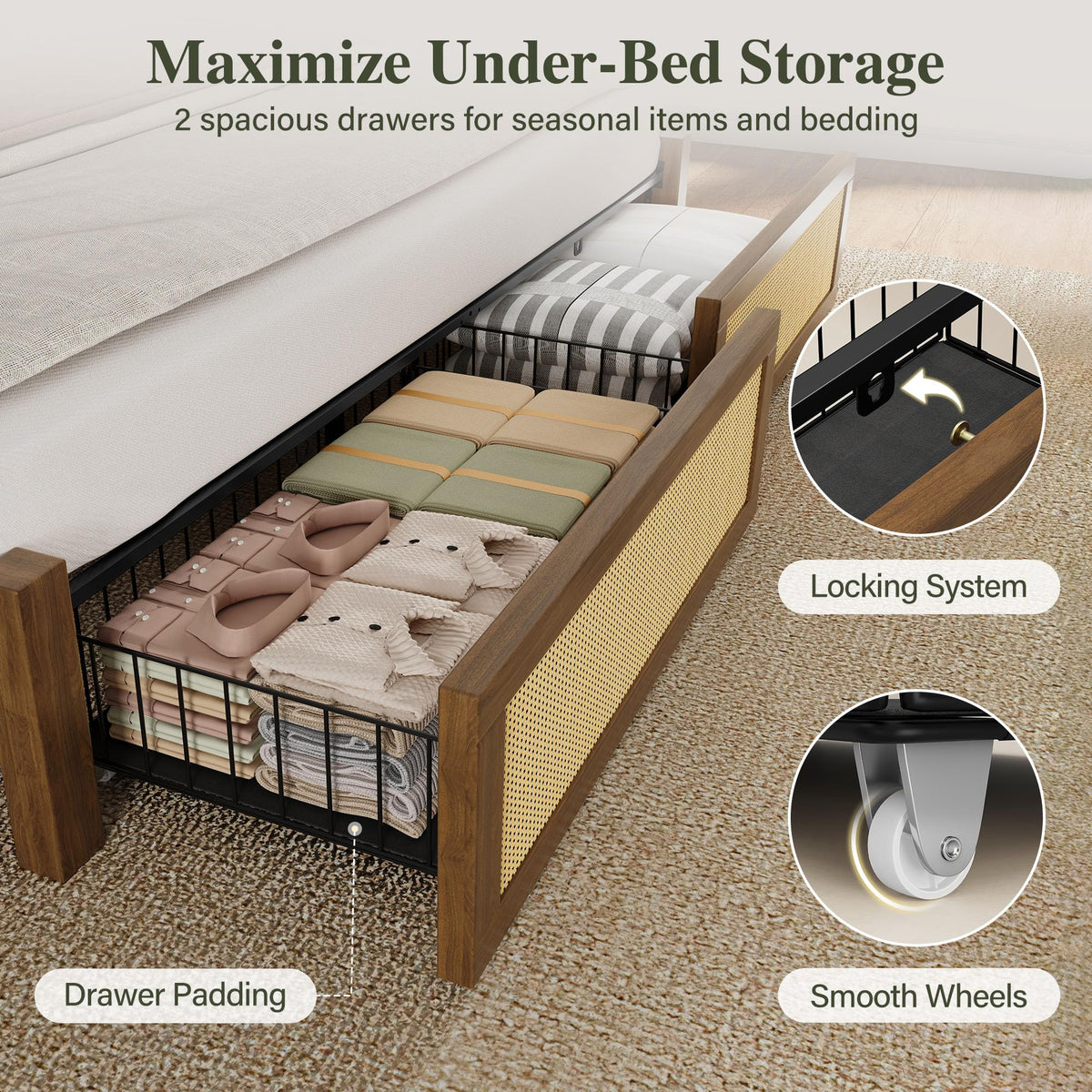 Queen Size Rattan Bed Frame with 2 Storage Drawers U124162