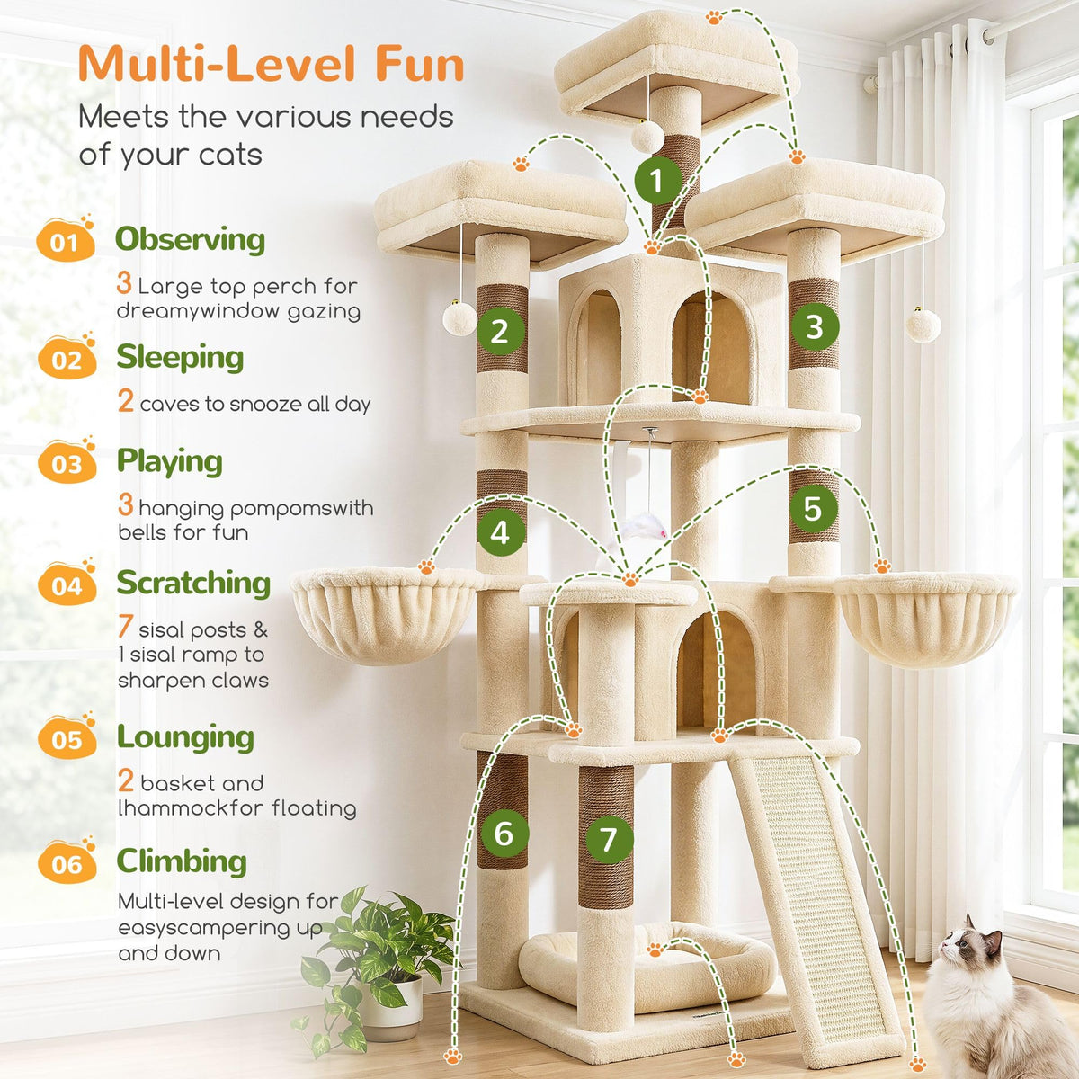 70 Inch Beige Cat Tower with Scratching Post F2123