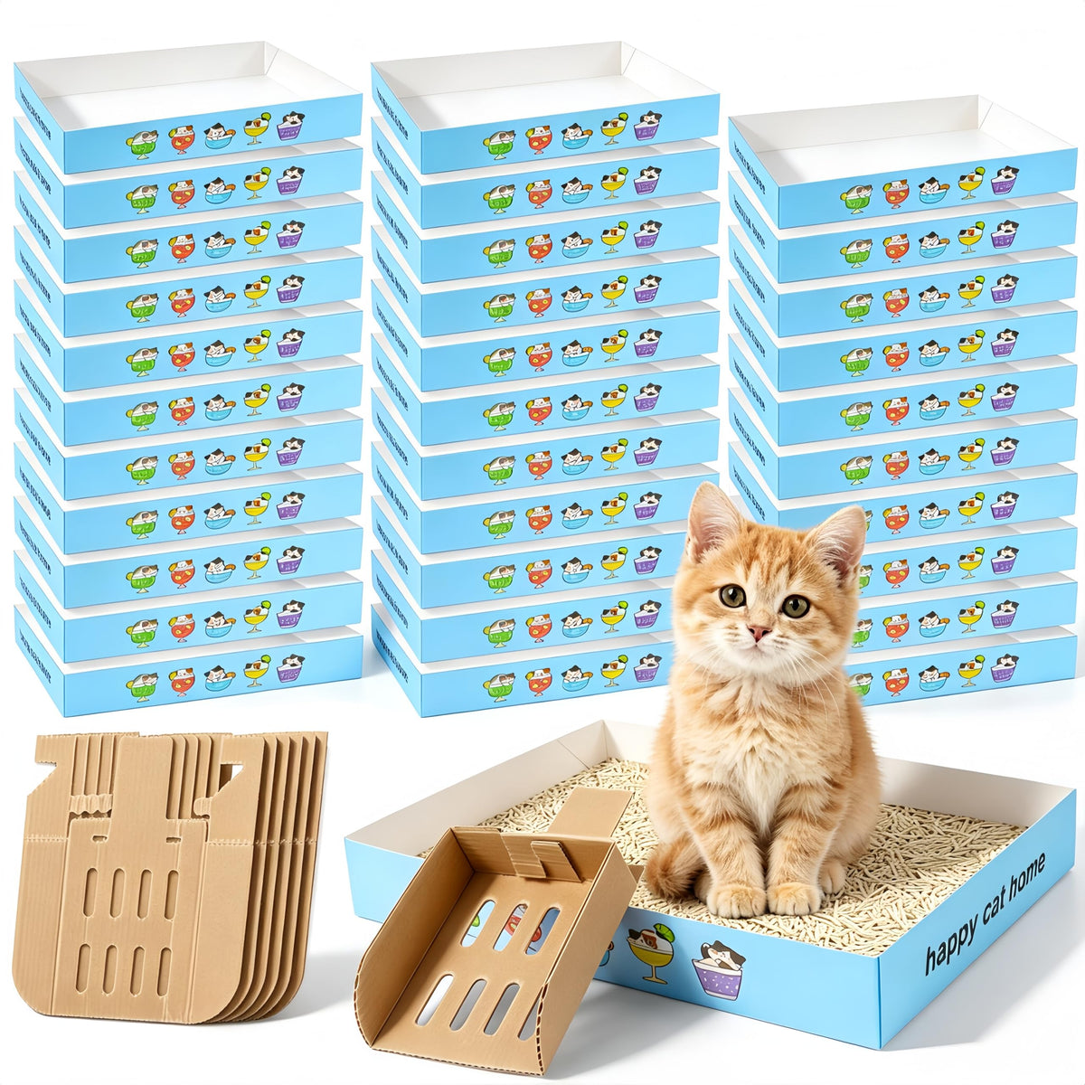 32 Pack Disposable Cat Litter Box with 6 Scoops O5586