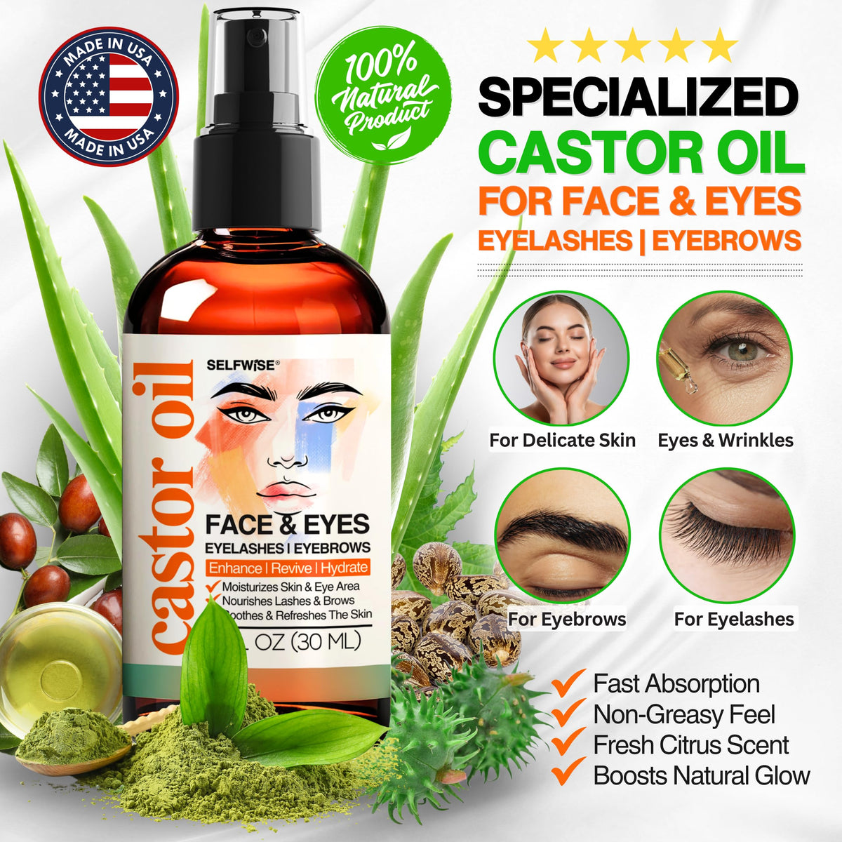 Organic Castor Oil with Jojoba Rosehip Grapeseed Squalane Vitamin E 1oz O966151