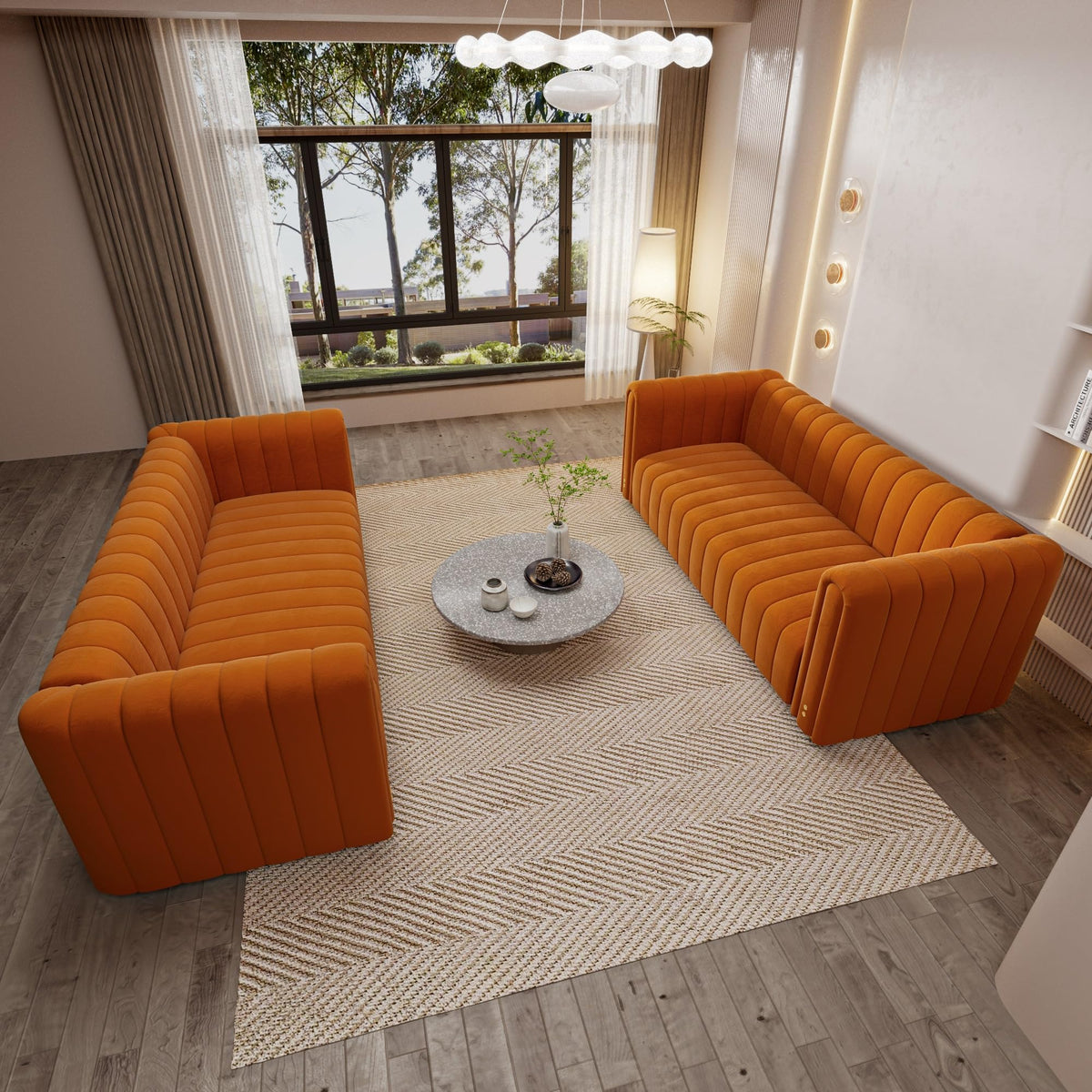 Orange Tufted Velvet Sofa Set P9230