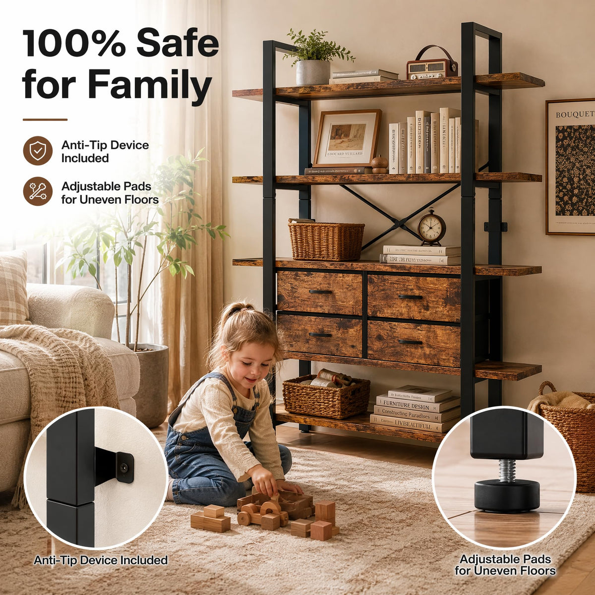 5-Tier Wood and Metal Bookshelf with 4 Fabric Drawers H44283