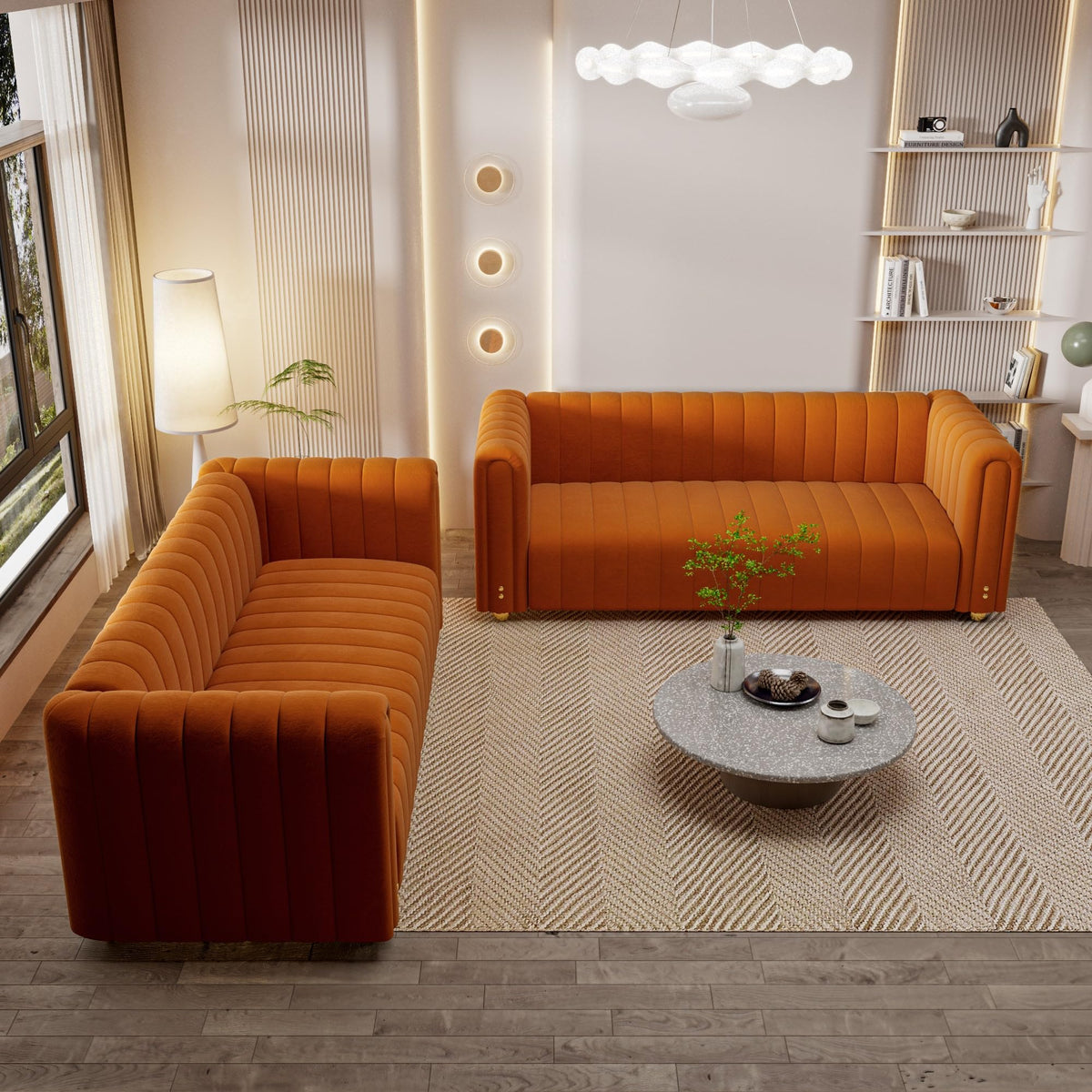 Orange Tufted Velvet Sofa Set P9230