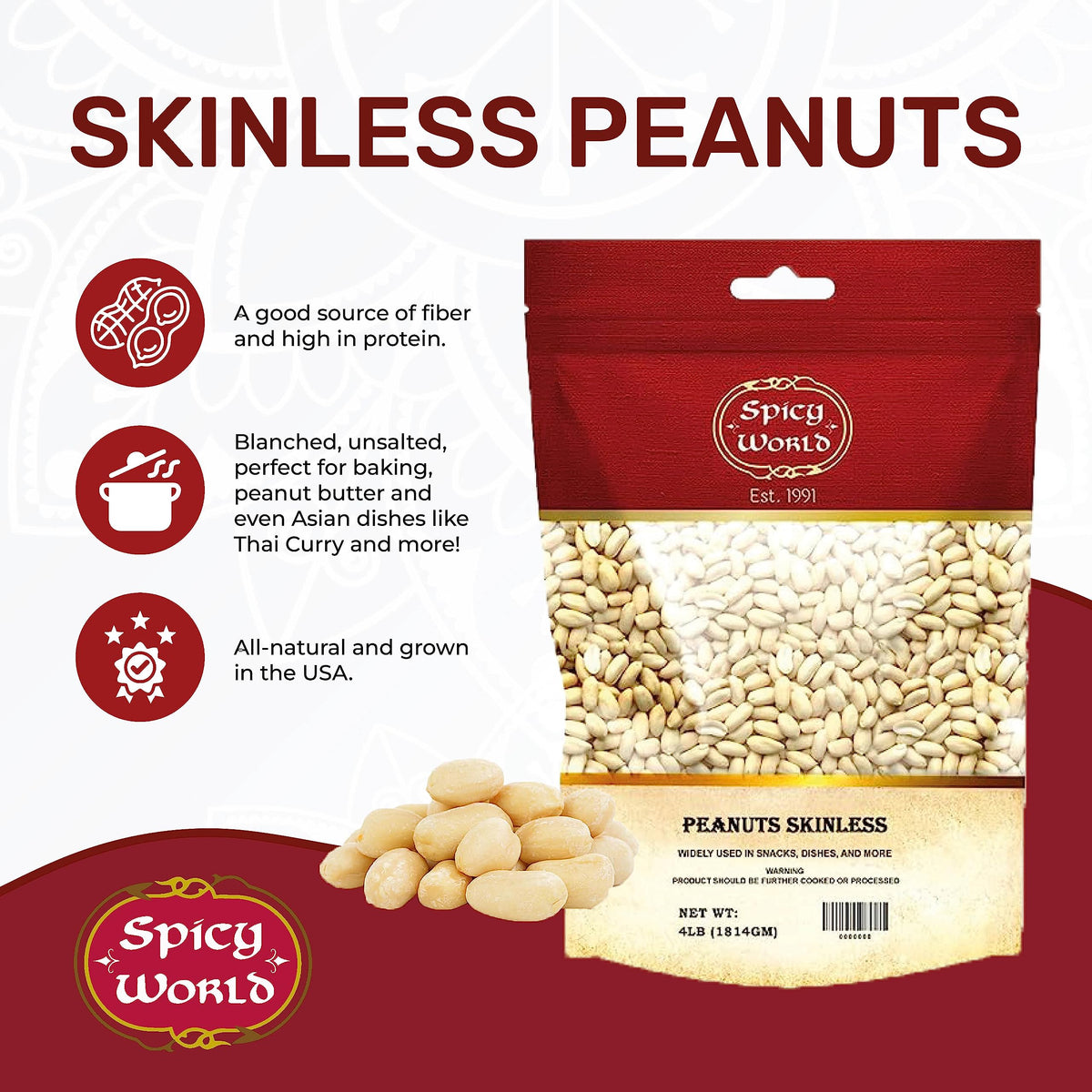 Blanched Raw Unsalted Skinless Peanuts 4 Pound E344888